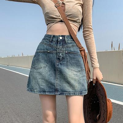 Classic Versatile Youthful Half-body Skirt High-waisted Retro A-line Casual Split Pocket Design Package Hip Ladies Summer Fashion Denim Short Skirt