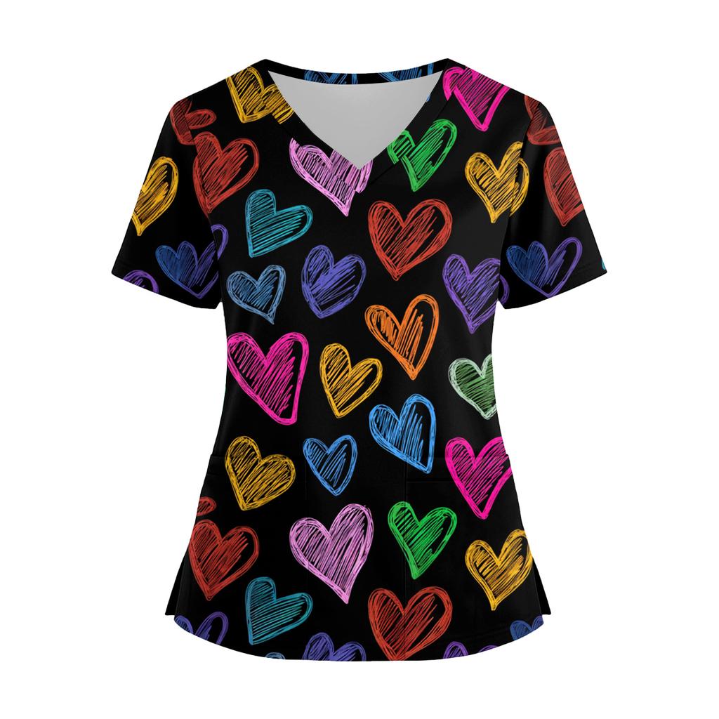 Damenmode V-Ausschnitt Kurzarm Overalls mit Taschen Print Tops Kleidung