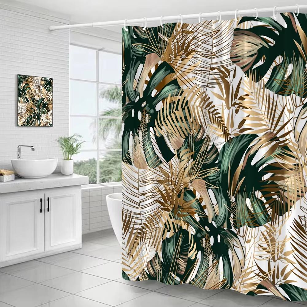 Tropical Leaves Shower Curtains Black Gold Leaves Green Leaf Botanical Jungle Palm Monstera Bathroom Curtains Bath Fabric Decor