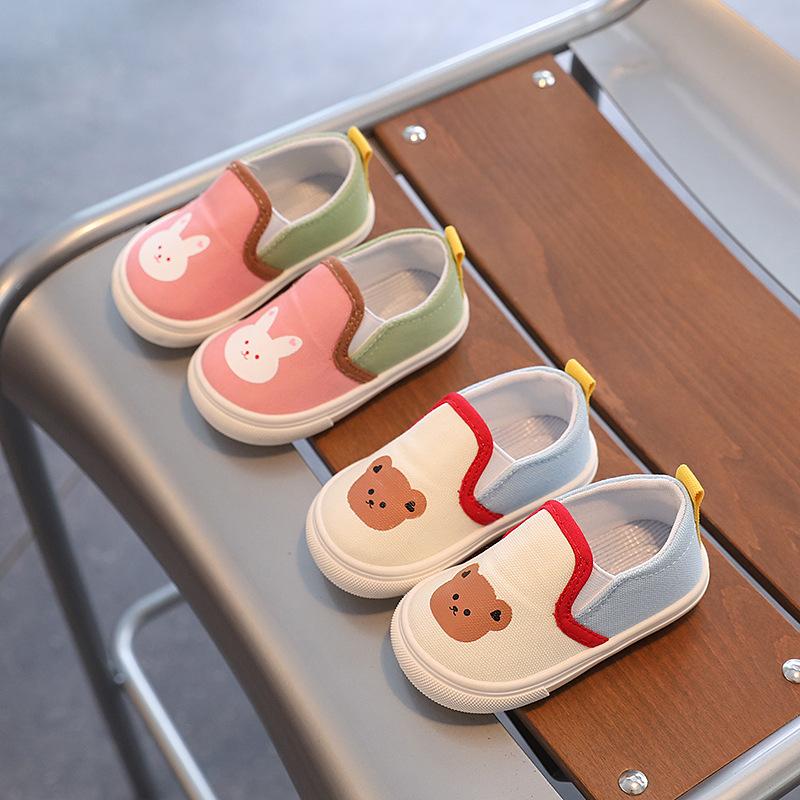 Toddler Slip On Canvas Shoes Cartoon Bear Bunny Print Soft Sole Anti Slip Kids Casual Walking Shoes