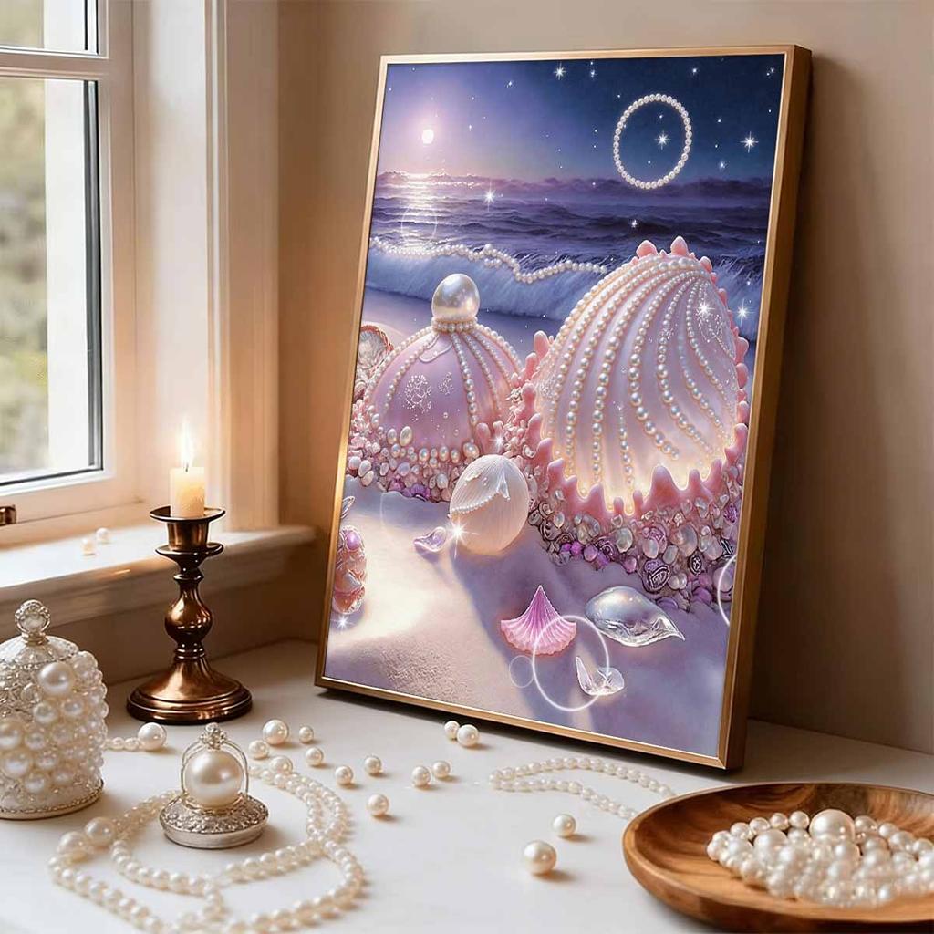 DIY Muscheln am Strand Perlen Diamant Kunst Malerei Kits für Erwachsene und Anfänger, Feine Ansicht Funkelndes Malerei Handwerk Hauswand Dekoration Handgemachtes Geschenk