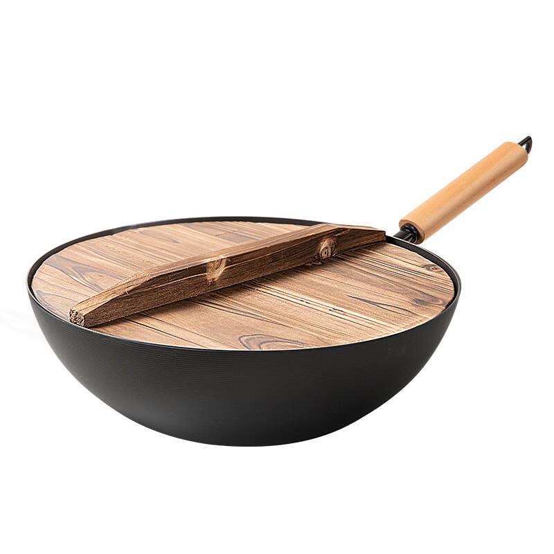 34cm Cast Iron Non-stick Wok with Wooden Lid