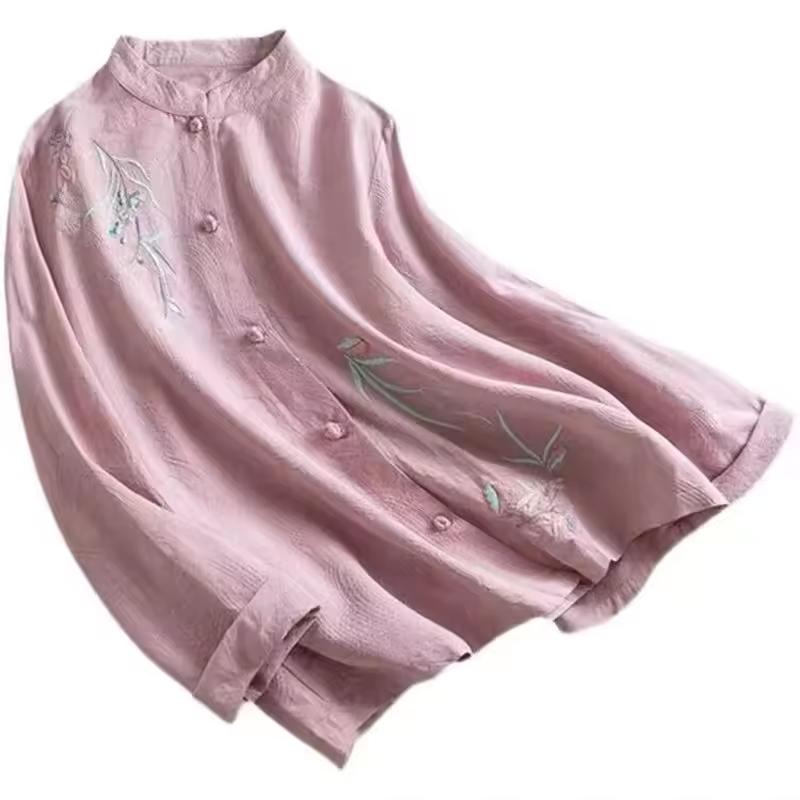 Women's Spring Chinese Embroidered Cotton and Hemp Shirt with Buckle and Stand Up Collar, Loose Tea Robe Top