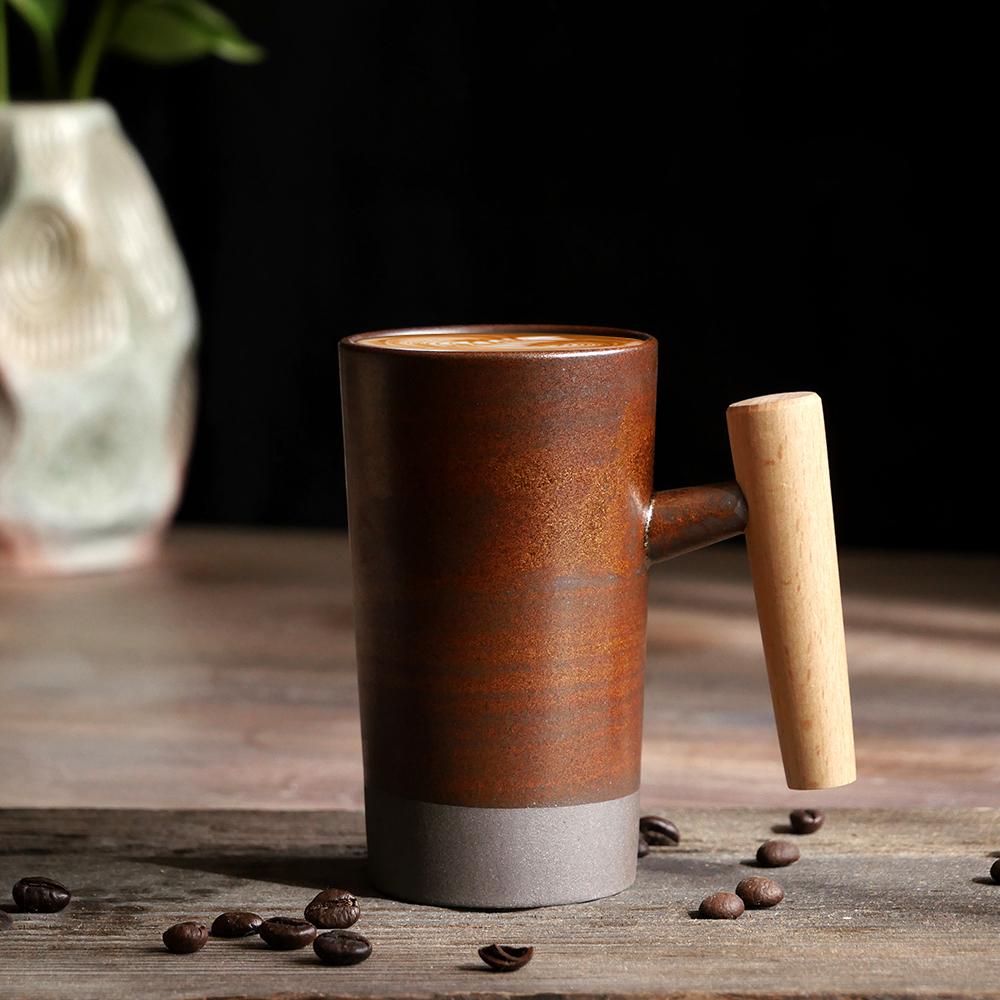 Ceramic Mug Wooden Handle Coffee Cup Vintage Kiln Variation Pottery Large Capacity Tea Water Cup for Home Office Kitchen