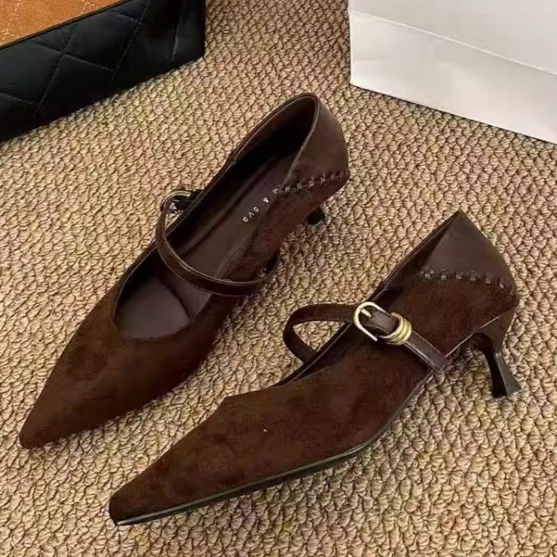 French Retro Pointed Toe Shallow Single Shoes Women's Spring and Autumn One-word Buckle Strap Versatile Kitten Heels