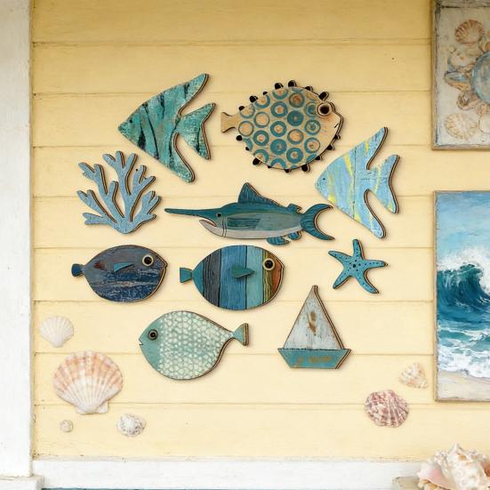 10Pcs Wooden Fish Wall Decoration School of Fish Beach Lake House Bathroom Wall Art Nautical Coastal Ocean Theme Hanging Ornament