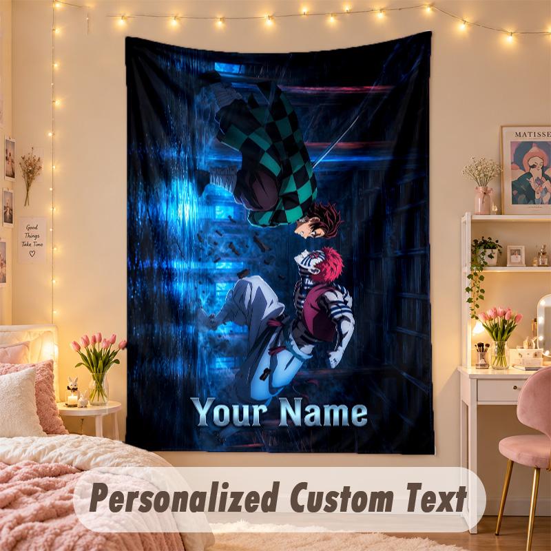 Custom Personalized Tapestry,Demon Slayer Print Custom Name Text Wall Art Hanging for Bedroom