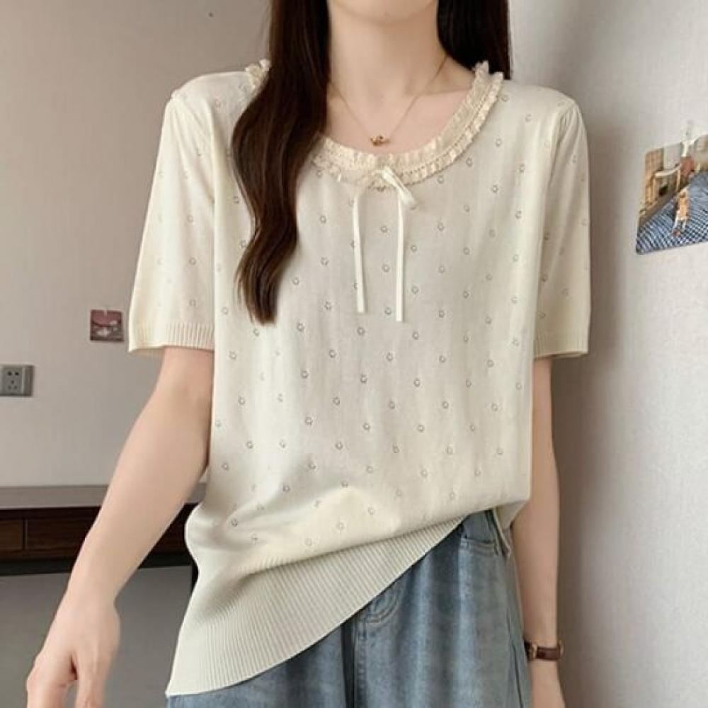 Navava Women Lovely Lace Round Neck Short Sleeve Knit Nk3076