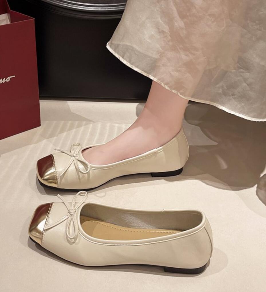 Elegant Silver Bowknot Ballerina Women's Square Head Flat Shoes Comfort Slip-On Ladies Loafers Soft-soled Ballet Flats Boat Shoe