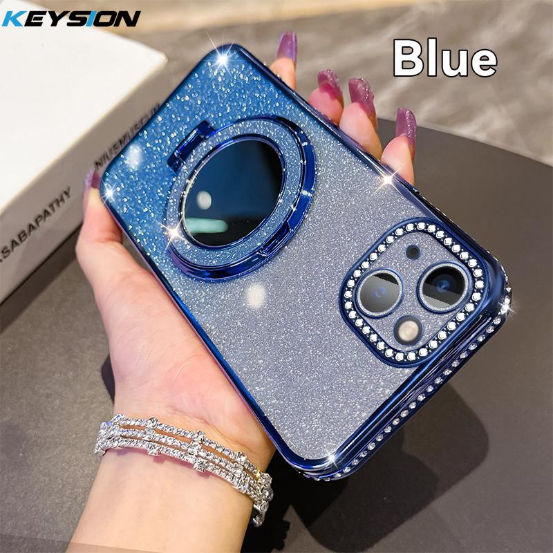KEYSION Luxury Glitter Jewelled Magnetic Phone Case for iPhone 13 14 Pro Max Makeup Mirror Ring Stand Shockproof Back Cover