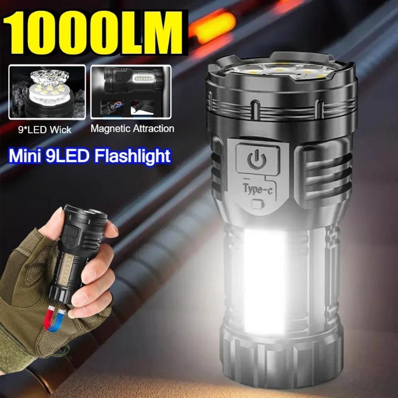 9 LED Mini Flashlight with Side Lights ABS Portable Rechargeable LED Torch Built-in Battery High Power Lantern 4 Lighting Modes