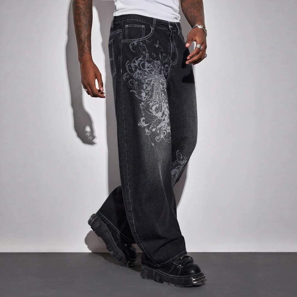 Pantaloni larghi in denim americani nuovi con stampa estiva moda drappeggio jeans a zampa