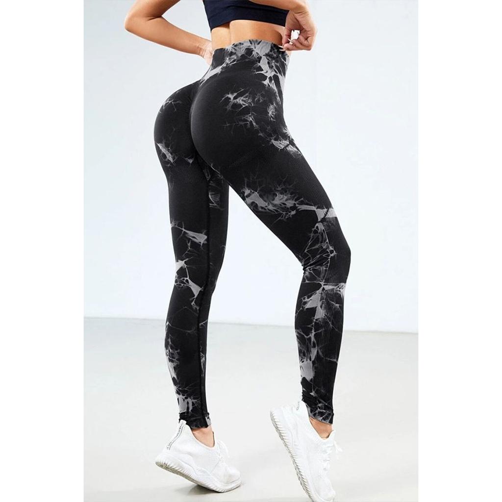 Seamless Tie Dye High Waist Leggings - Black M - Polyester/Spandex - Shaping & Push-Up Effect - Fitness Activewear