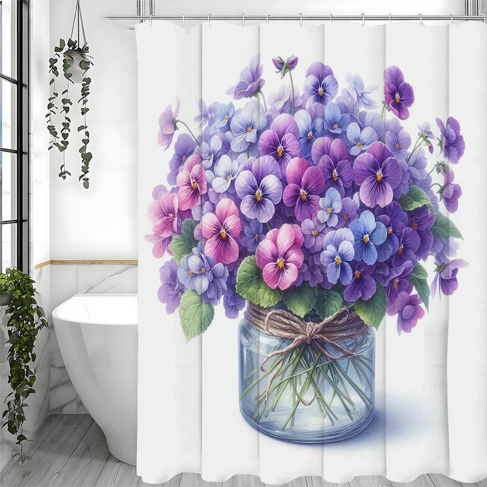 Blue And Purple Floral Glass Bottle Shower Curtain, Bathroom Decorative Shower Curtain, Waterproof Shower Curtain With Hooks W60H190(CM)-1 Pcs