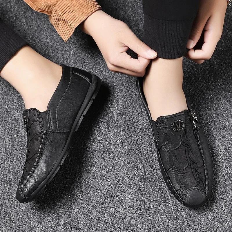Fashion Leather Men Casual Shoes Outdoor Breathable Walking Shoes Lightweight Mens Loafers Lazy Shoes Soft Sole Male Sneakers