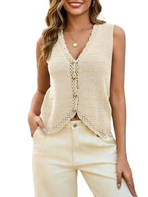Women's Crochet Sweater Vest Sleeveless V Neck Cropped Button Down Summer Knit Top