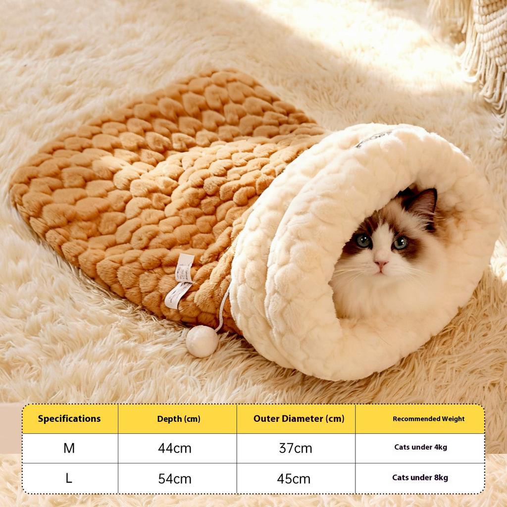 Enclosed Cat Bed with Tunnel Entrance - Self Warming Plush Rabbit Fur Sleeping Bag for Winter, Secure Hideout for Pets