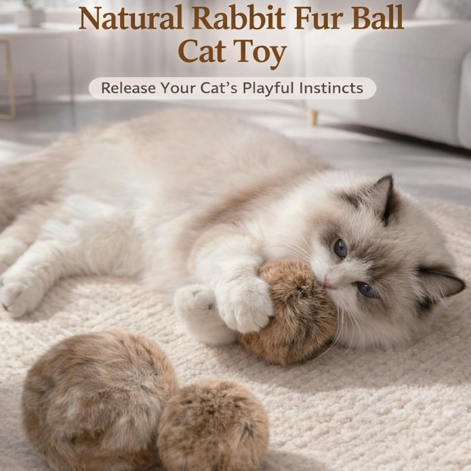 Cat toy rabbit fur ball real rabbit fur playful cat fur ball rich and pleasant pet scent sniffing cat rabbit fur ball toys marrone