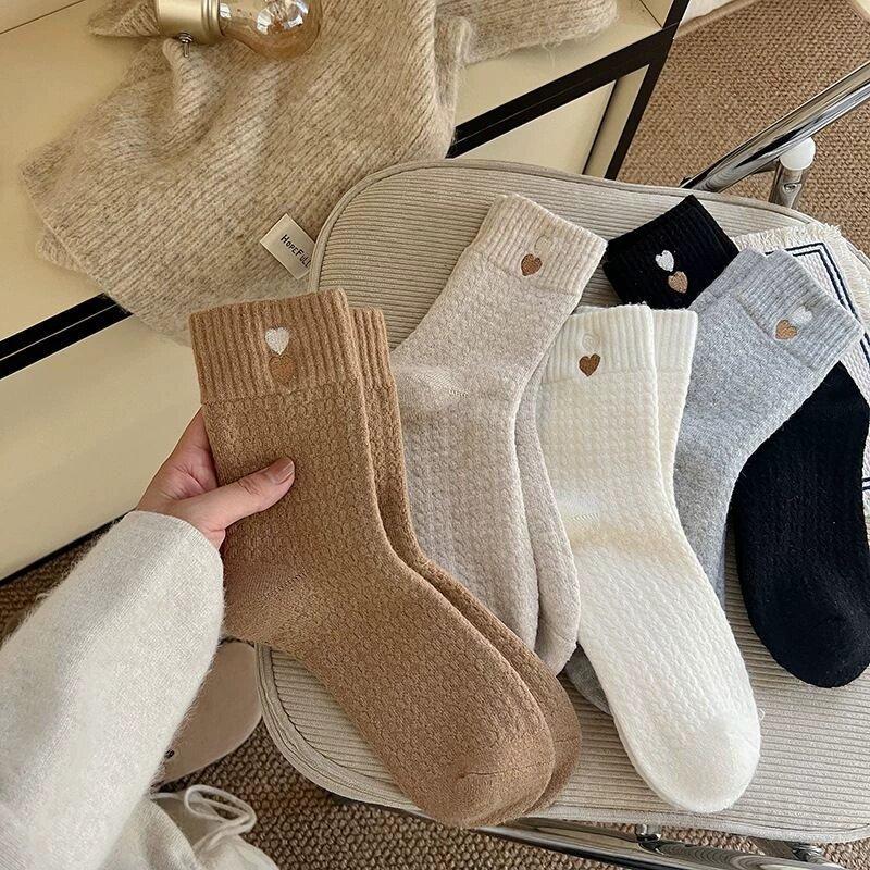 Winter Warm Socks for Women Korean Love Heart Embroidery Mid-Calf Sock Solid Color Ladies Terry Socks