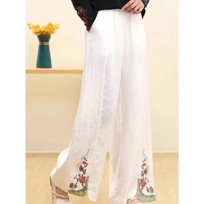 Women's Spring and Summer Chinese Retro Loose Pants Elastic Waist Comfortable Embroidery Wide Leg Pants