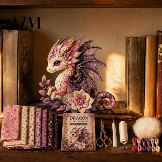 Screen Free Activity Dragon Patchwork DIY Kit, Fabric Sewing Kit with Artistic Crafting Materials Pre-cut Fabric, Beginner Craft for Handmade