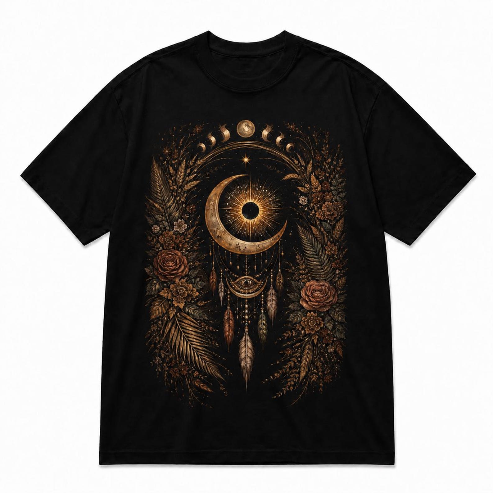 Boho Celestial Moon Phase T-Shirt – Vintage Gold Mystical Graphic Tee 3XL