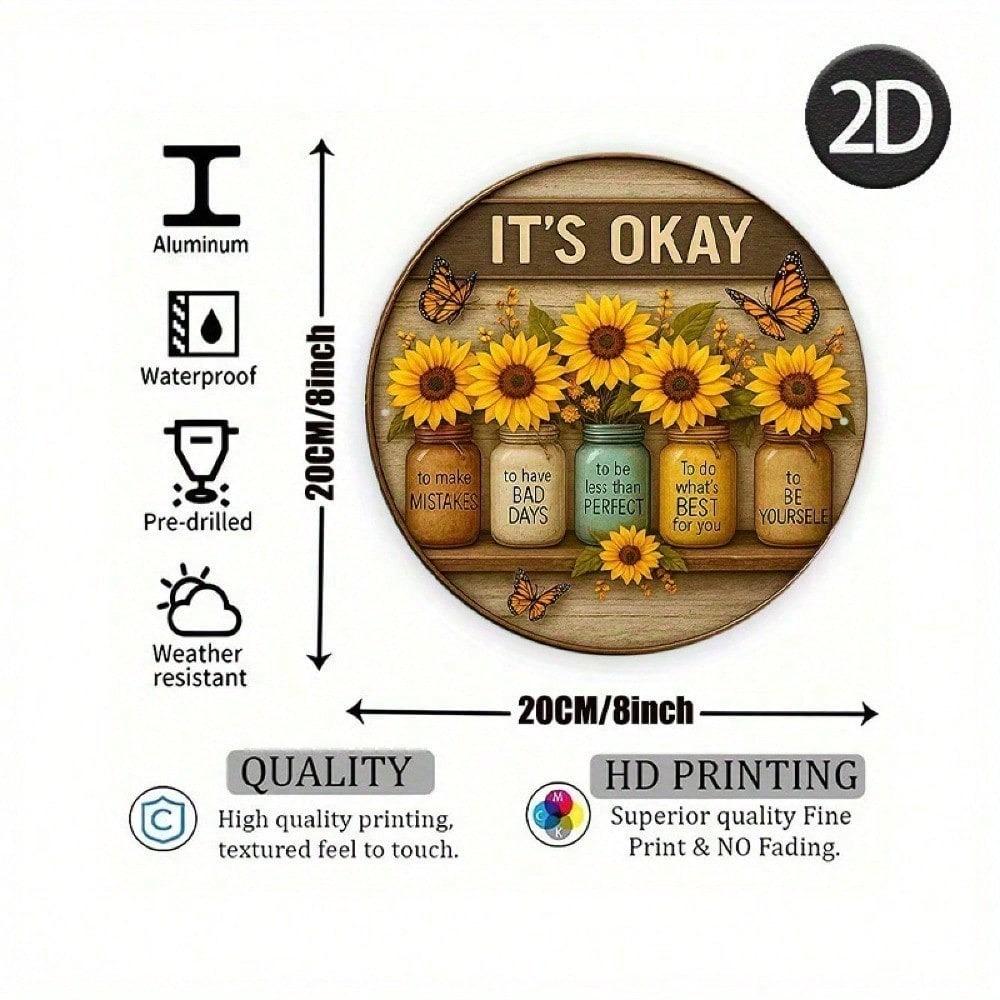 Retro Sunflower Tin Sign Inspirational Quote Round Metal Wall Art 8 Inch For Kitchen Cafe Garden Laundry Room