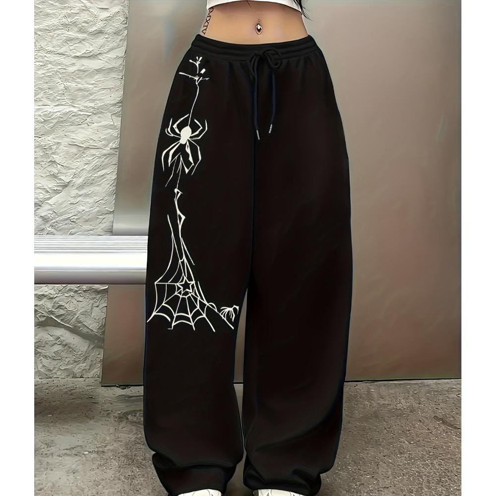 Lässige Sporthose mit Aufdruck eines Spinnen- und Spinnennetz-MusterElements, Gerade geschnittene Hose für Damen im amerikanischen Trend