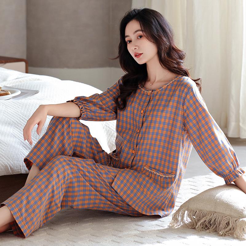 Woven cotton gauze pajamas women's summer pure cotton seven-quarter sleeves spring and summer cotton thin large-size summer loungewear set