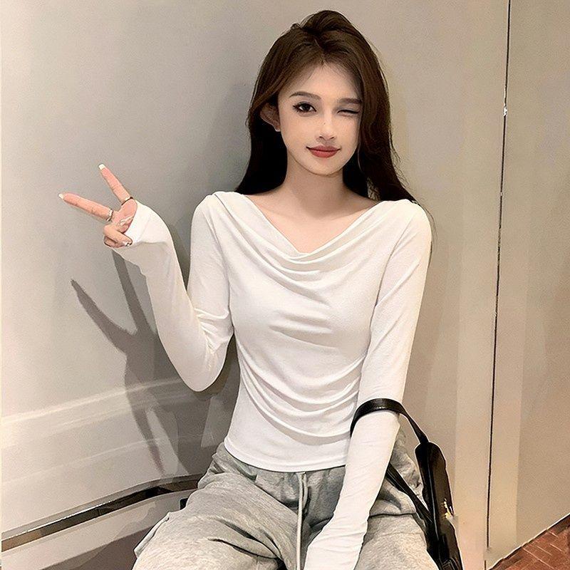 Elegant Women’s Black One-Shoulder Long-Sleeve Slim Fit Top M (95-105 kg) белый