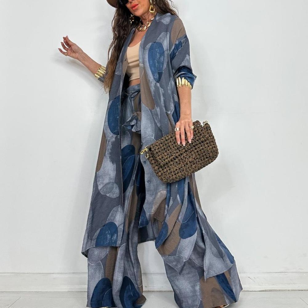 Autumn New Women's Lapel Printed Mid-length Top and Wide-leg Pants Two-piece Set