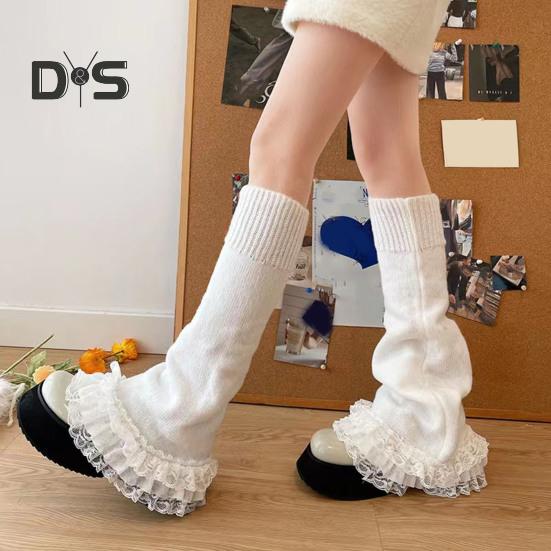 1 Pair Winter Calf Covers Lace Trim Knitted Anti-slip Solid Color Elastic Lolita Style JK Cosplay Performance Daily Wear Sports Outing Leg Warmers
