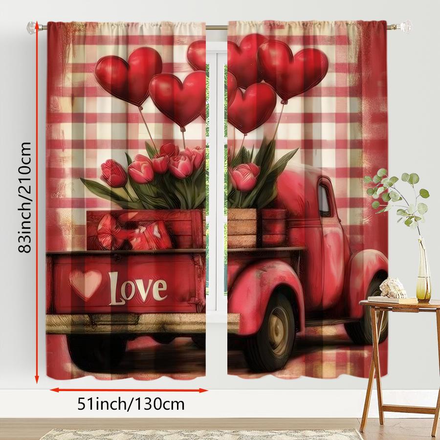 Red White Grid Retro Love Truck Curtains American Romantic Style Bedroom Living Room Drawbar Pocket Decoration Curtain Set Of 2 Made Polyester
