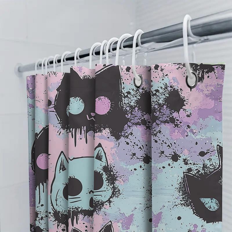 Modern Cat Print Shower Curtain Set: Cute Cartoon Pet Pattern Bath Decoration Black Pink Blue Green Home Decor Waterproof Shower