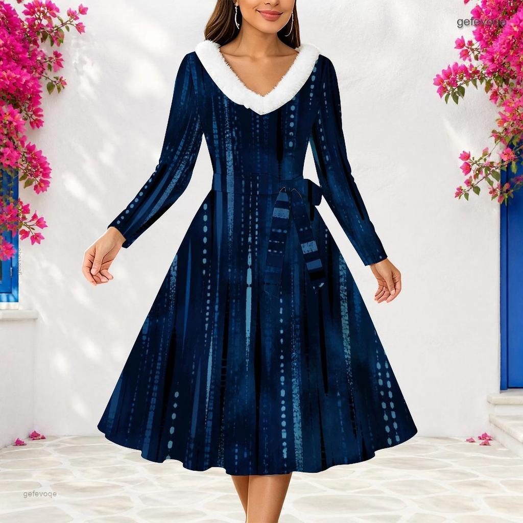 Women Plus Size V Neck Furry Trim Long Sleeve Belted Abstract Print A Line Midi Dress