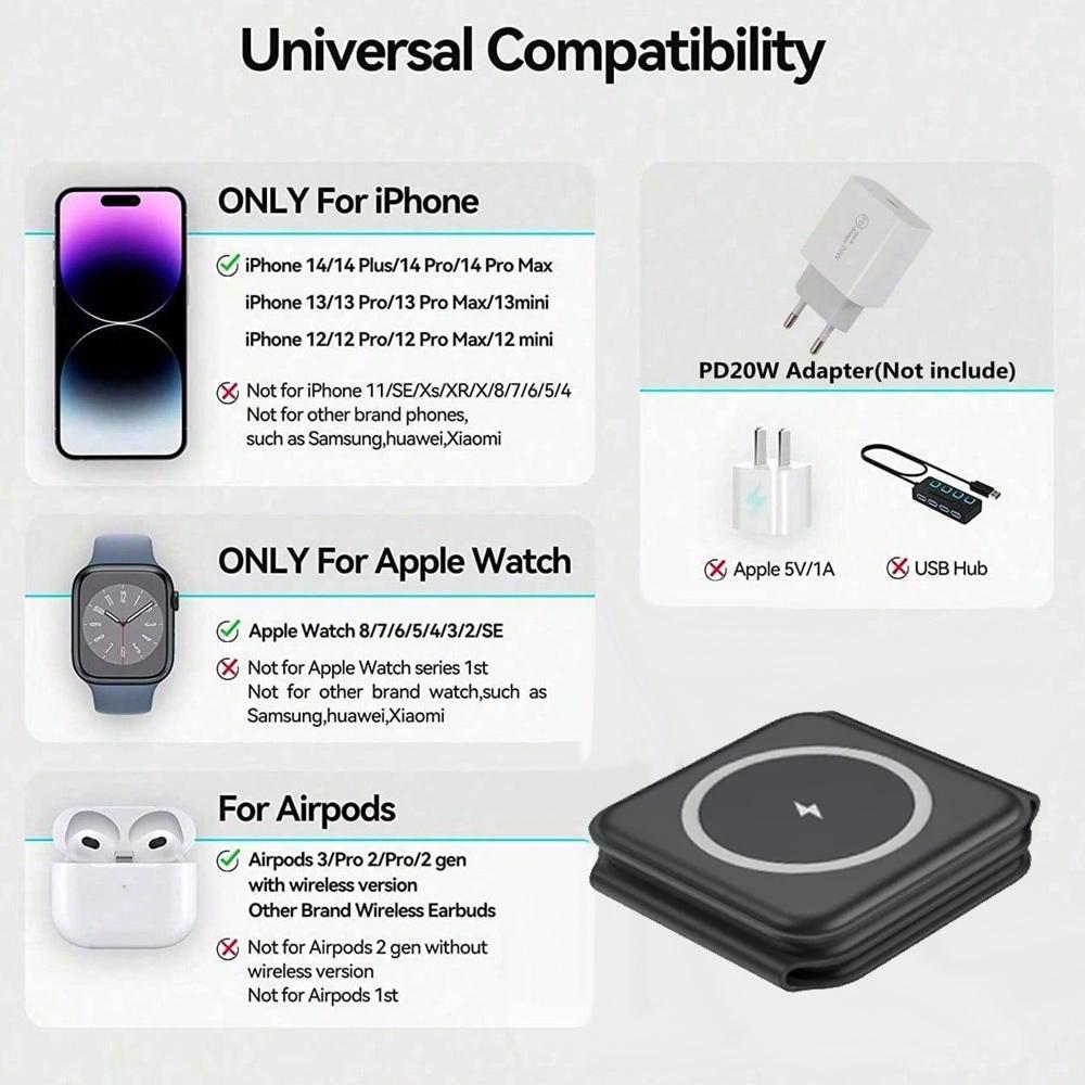 100W 3 in 1 foldable Wireless Charger Pad Stand for iPhone 15 14 13 16Pro Max Airpods iWatch Fast Wireless Charging Dock Station