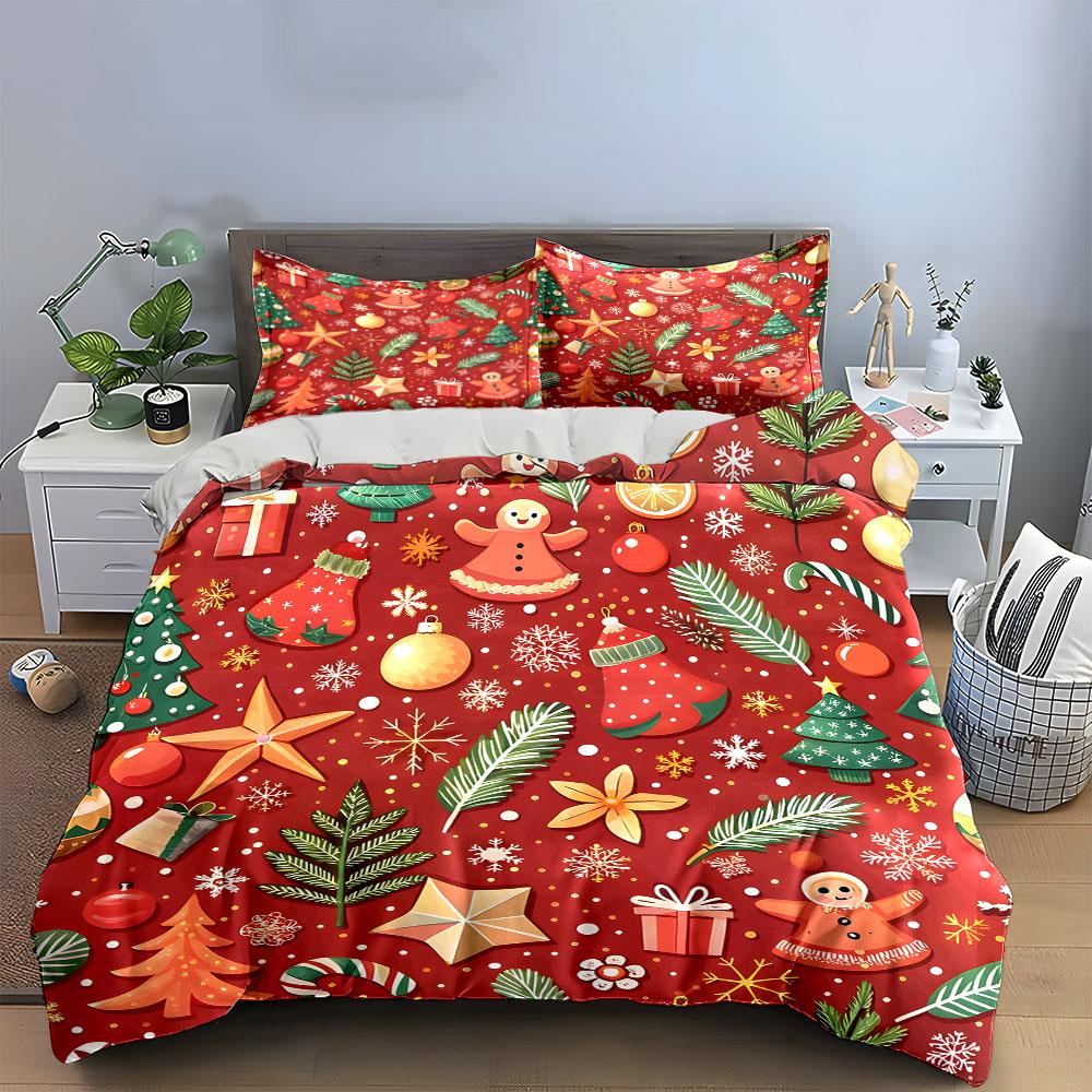 Christmas Gingerbread Pattern Bedding Duvet Cover Set Duvet Cover Pillowcases  (1*Duvet Cover 2*Pillowcases, without duvet insert)
