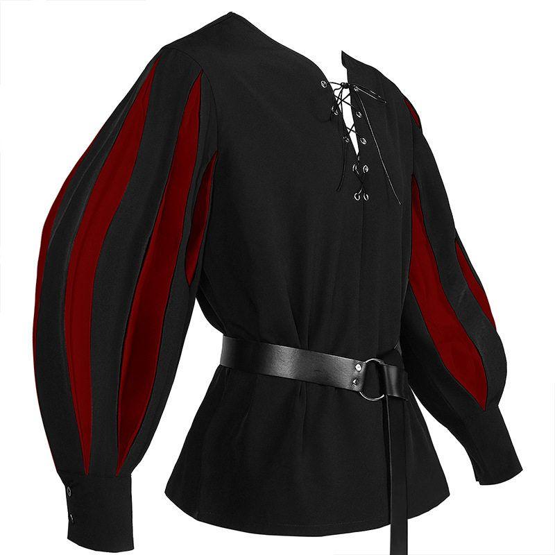 Fashion Retro Medieval Drama Cosplay Costume Color Matching Lace up Collar Shirt Medieval Shirt Black Body and Red Sleeves [Excluding Belt] L
