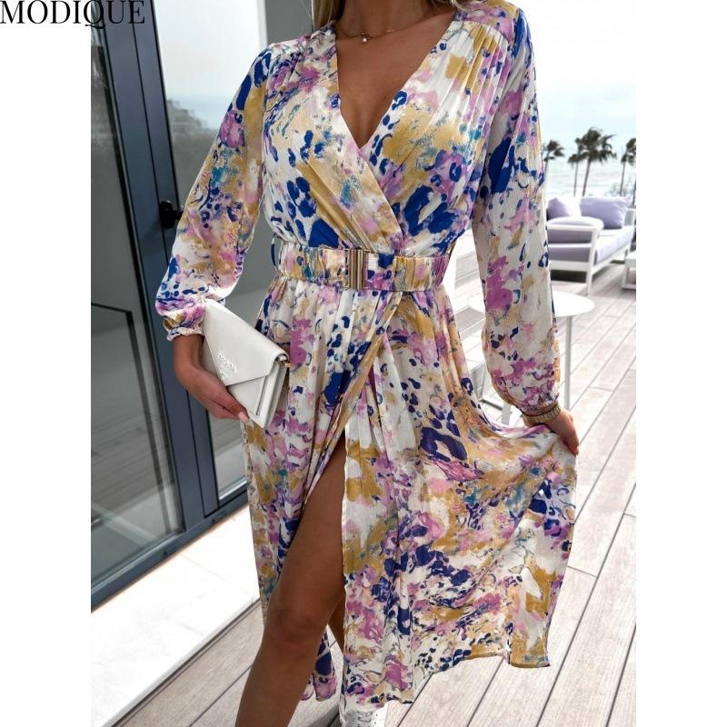 MODIQUE 2025 Summer New Women's Sexy Vintage Hot Floral Printing Waist Flowing Long Dress Ladies Folk Casual Long Sleeve Deep V-Neck Dress