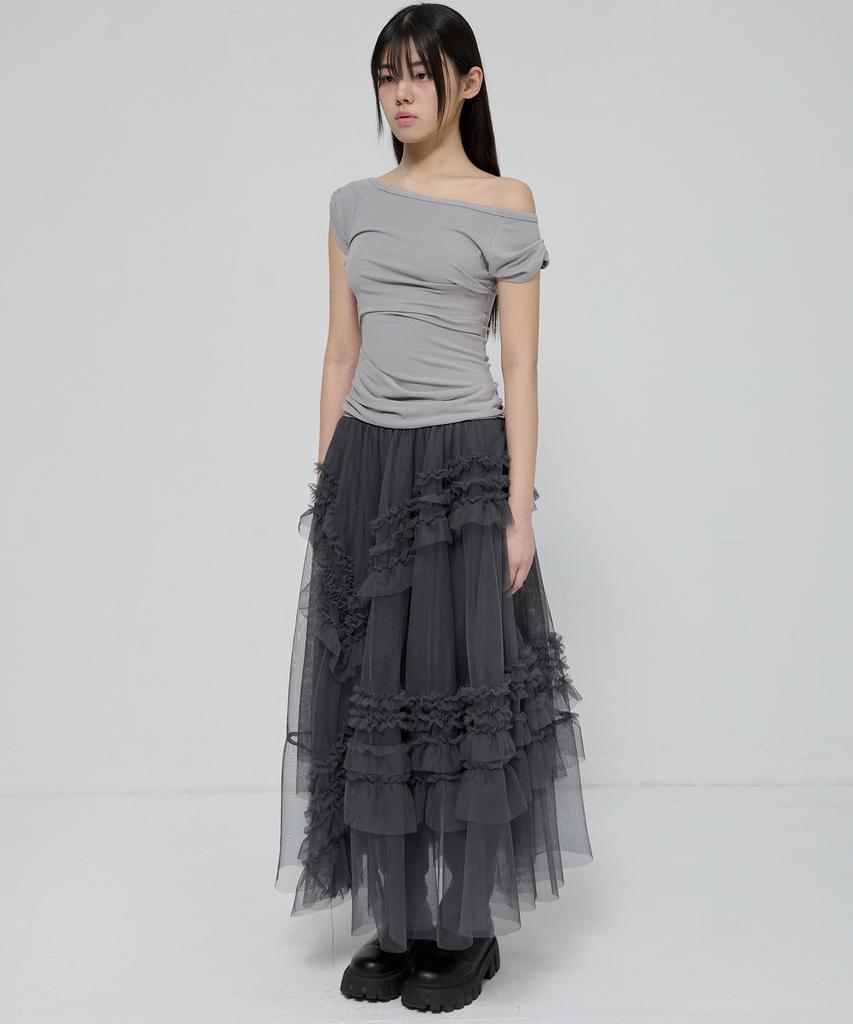 Peulleeoeob Tulle Layered Long Skirts (Fl-266_Charcoal)