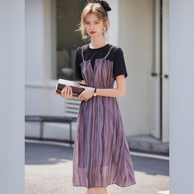 

Women s Faux Two-Piece Pearl Chain Round Neck Colorblock Dress XL