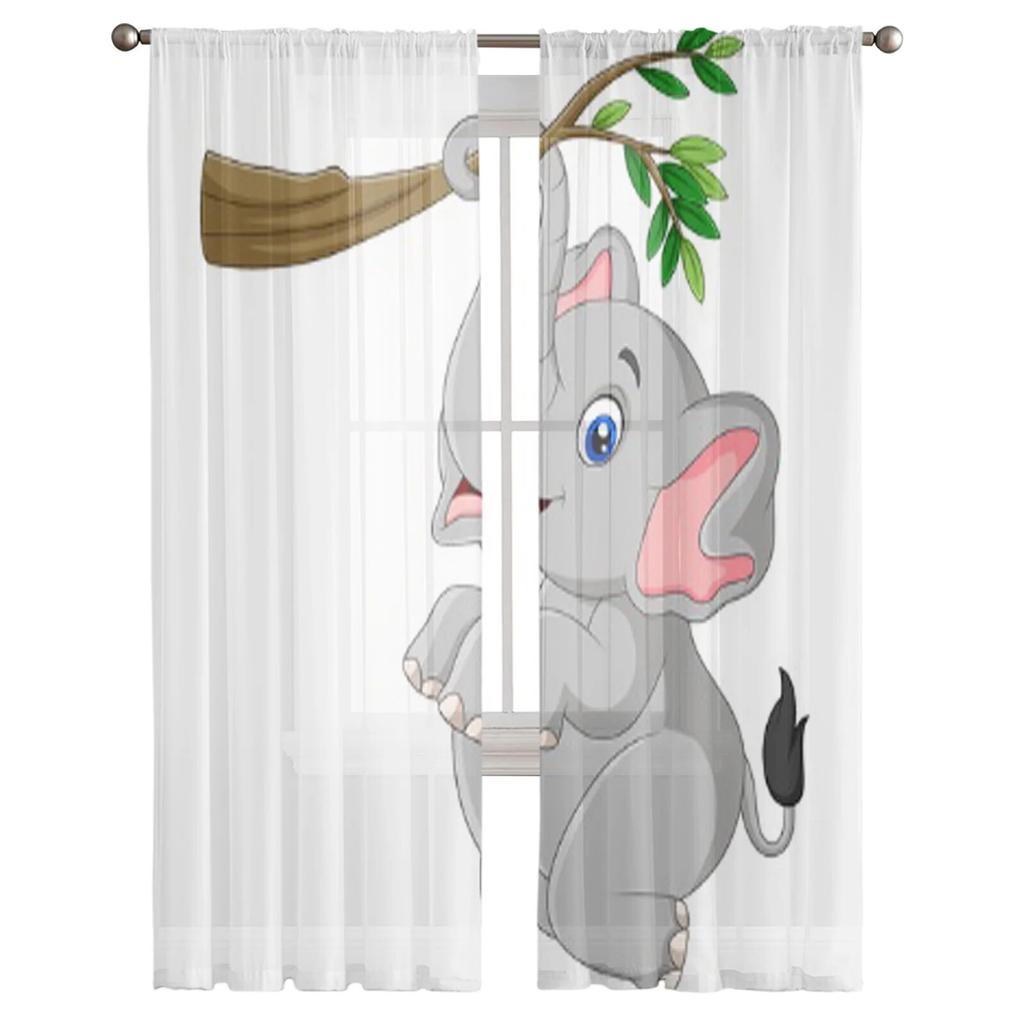 Cartoon Funny Elephant Tulle Curtain For Living Room Sheer Valance Curtain For Kitchen Bedroom Window Drapes
