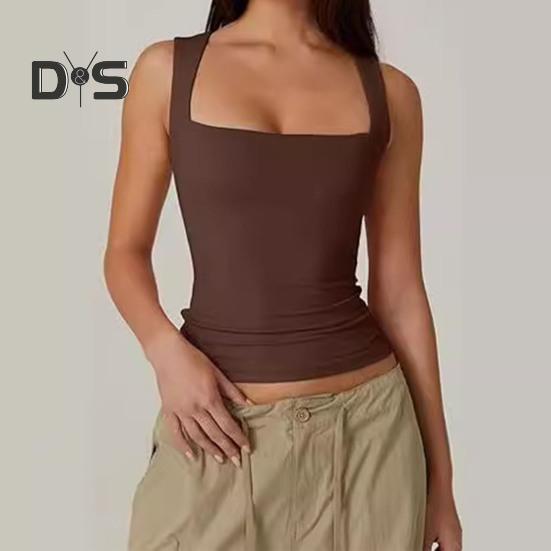 Summer Vest Women Solid Color Square Collar Slim Fit Tank Top Wide Shoulder Straps Breathable Vest Daily Wear
