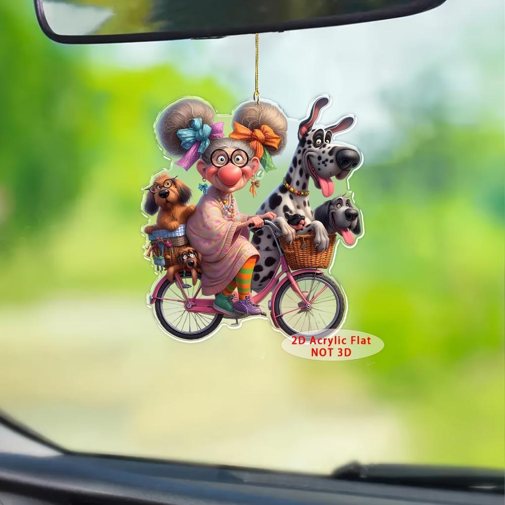 Flache 2D Kristall Hängedekoration - Niedliche Oma und Hund beim Radfahren Heimdekor Anhänger Perfekt für Feiertagsgartenpartys, Rucksackanhänger