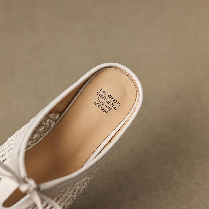 Fashion Women's new summer leather cowhide lace up bow, low heel, round head, hollowed out breathable toe, Mueller slippers