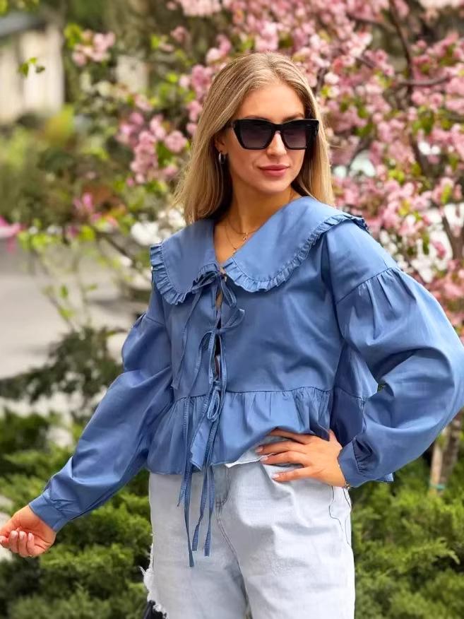 2026 Spring Fashion: Women's Long Sleeve Cotton Shirt with Doll Collar and Tie-up Design - European & American Style