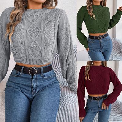 Autumn/Winter Casual Solid-Colour Cable-Knit Long-Sleeved Pullover with Cropped Hem for Women