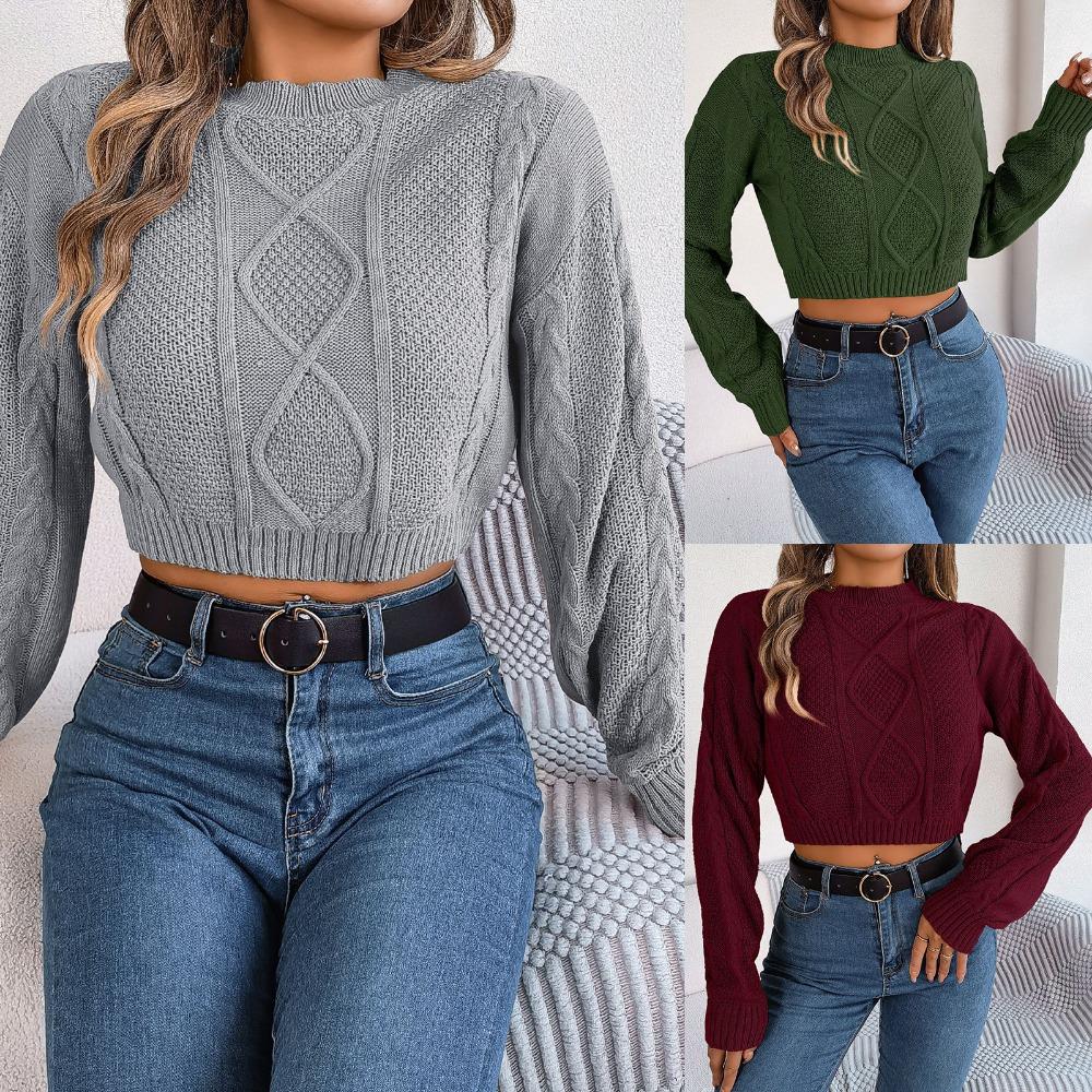 Autumn and Winter Casual Solid Color Twist Long-sleeved Pullover Navel-baring Sweater