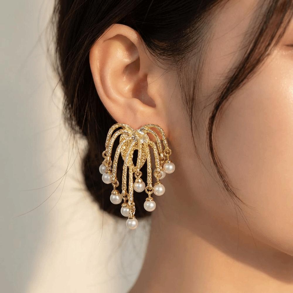 Genuine Gold Electroplated Pearl Earrings Silver Needle Imitation Pearls Drop Earrings Heart Zircon Tassel Earrings