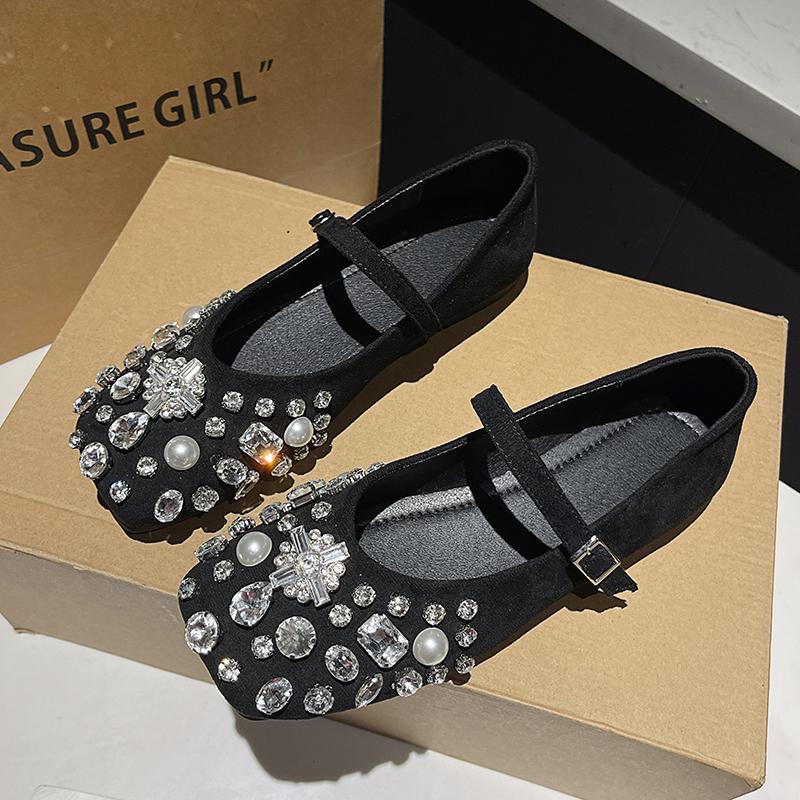 Women's Flat Shoes Spring New Square Head Shallow Mouth Glitter One Word Buckle Soft Sole Anti-slip Wear-resistant Single Shoes